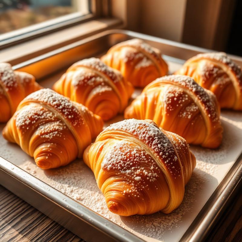 Tray of golden almond croissants dusted with sugar