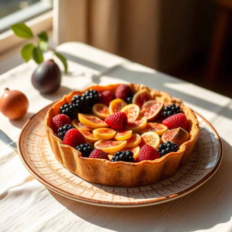 Seasonal fruit tart with berries and figs on a ceramic plate