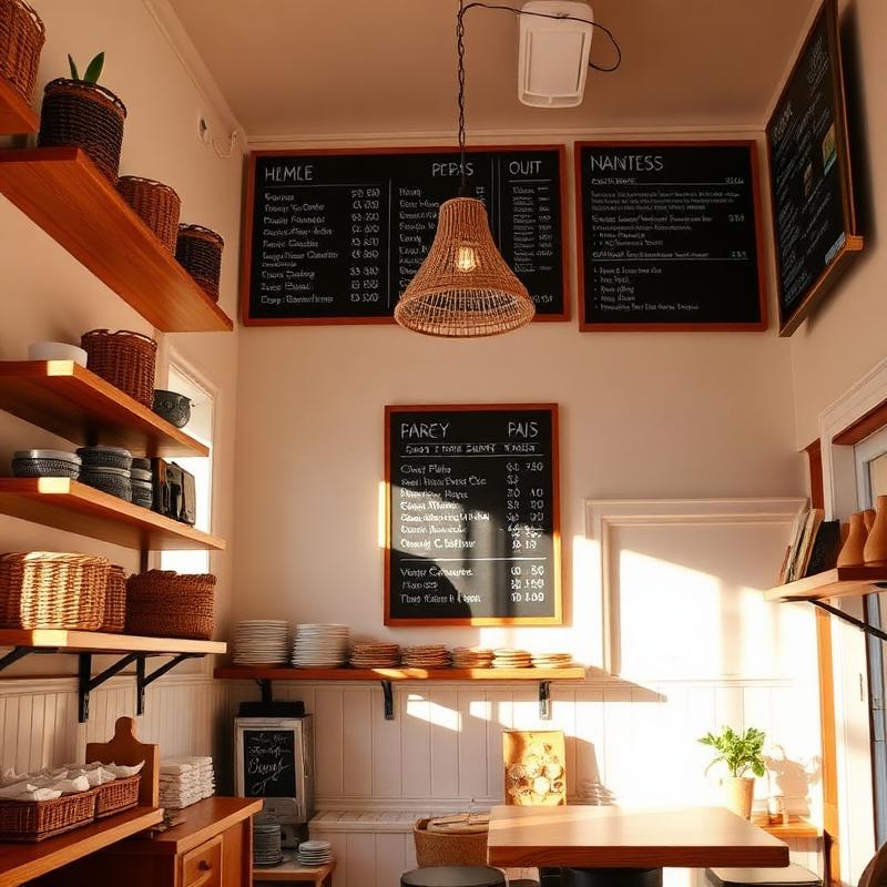 Cozy bakery interior with wooden shelves and chalkboard menus