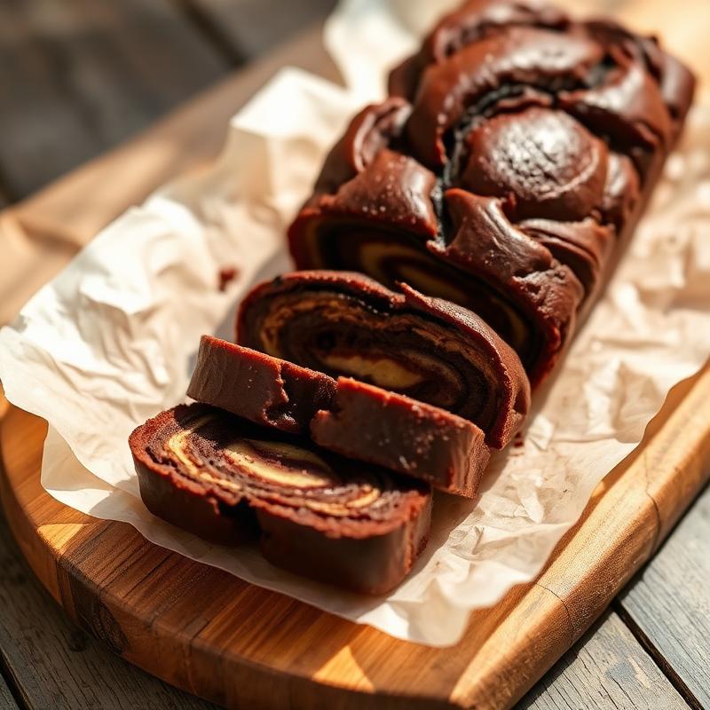 Sliced chocolate babka on parchment paper