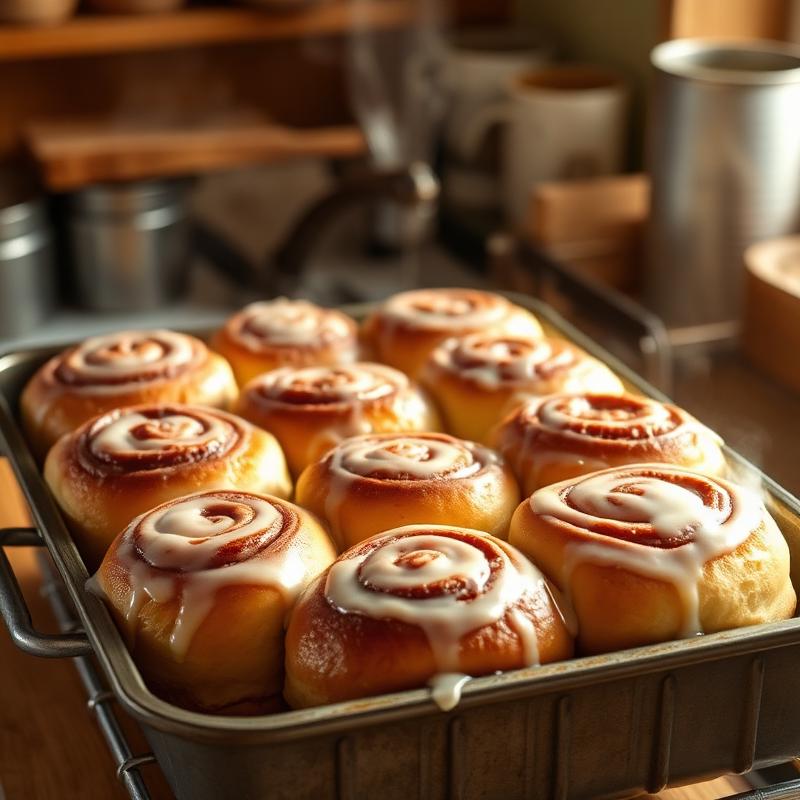 Pan of glazed cinnamon morning buns fresh from the oven