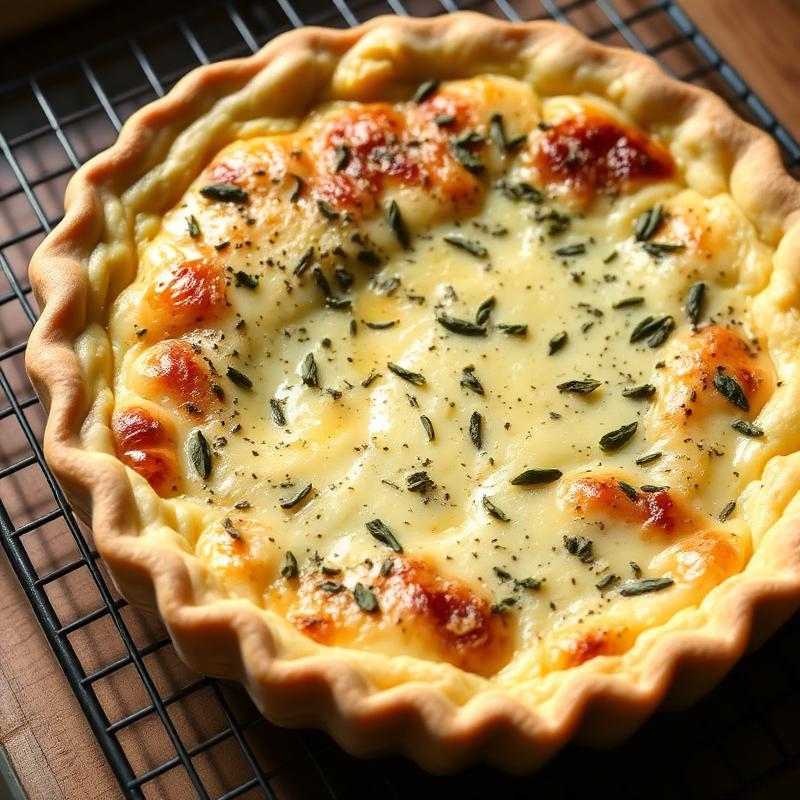 Farmhouse quiche with herbs cooling on a rack