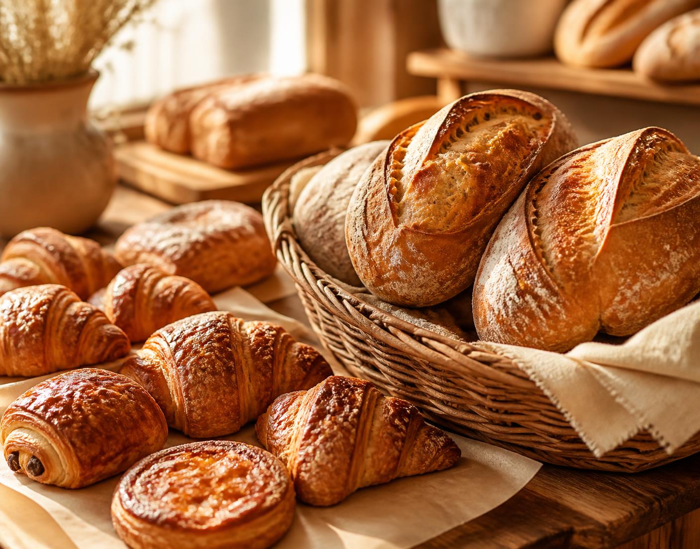 Baskets of golden sourdough loaves and croissants on a wooden bakery counter in morning light