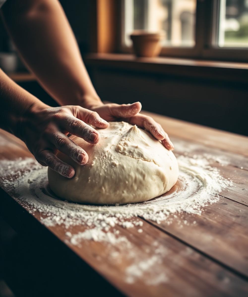 Flour-dusted hands shaping sourdough dough on a wooden table